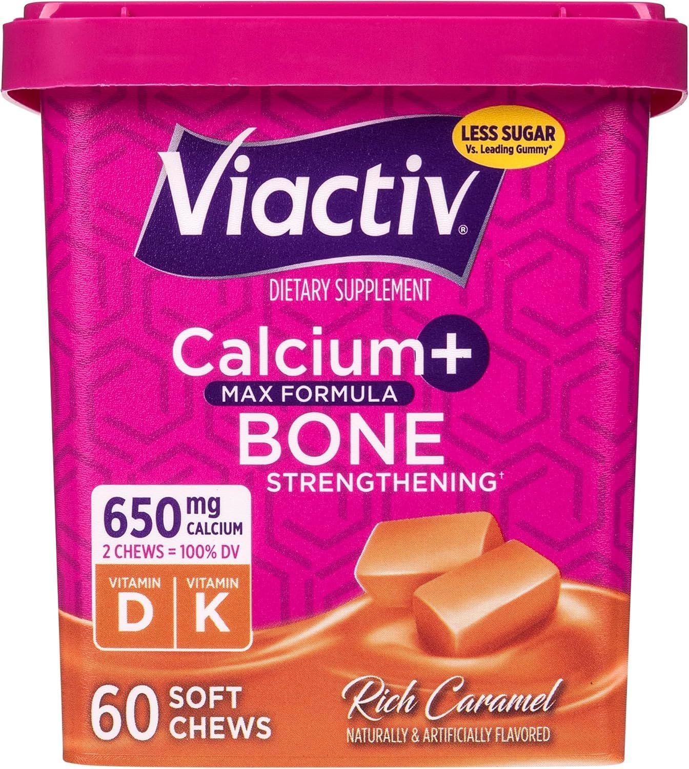 Viactiv Calcium + Vitamin D Supplement Soft Chews for Women & Men – Chewable Calcium for Bone Health Support, 650 mg per Serving, Vitamin D & K for High Absorption – 60 Count, Caramel