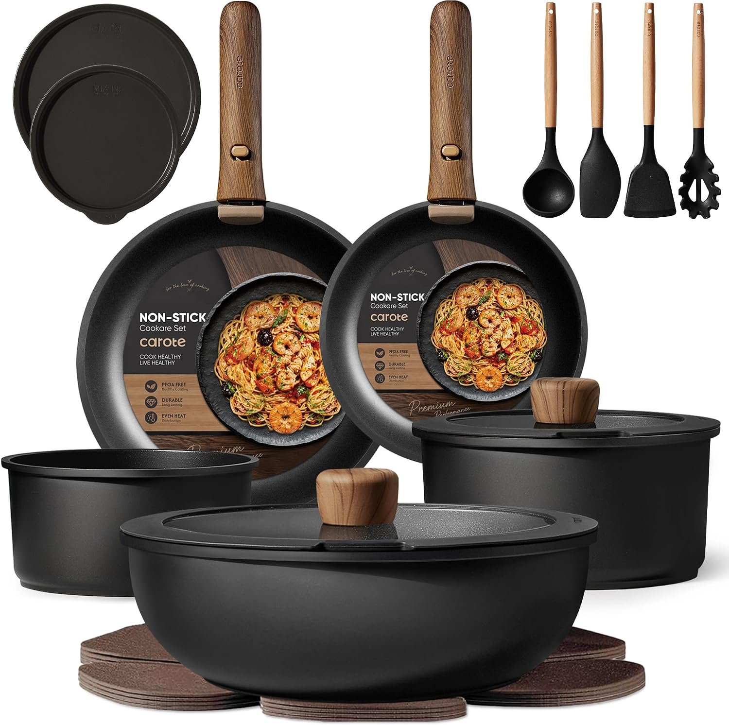 CAROTE 19pcs Pots and Pans Set Non Stick, Detachable Handle Cookware Set | Induction Compatible, Dishwasher & Oven Safe, Space Saving, for Camping/RV/Traveling, Kitchen Cooking Set, Black