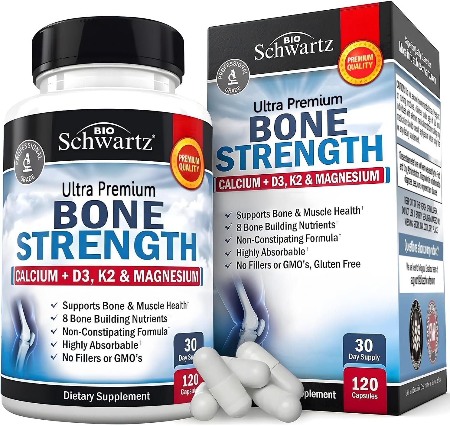 Bone Strength Supplement for Women & Men, 120 Capsules | Vitamin D3 K2 Calcium Magnesium Zinc Boron & More, Gentle Non-Constipating Bone Health Supplement, BioSchwartz, Non-GMO