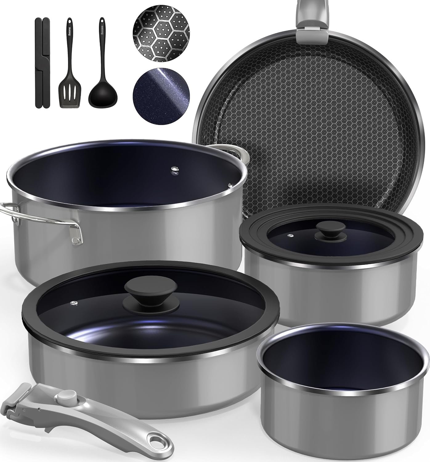 Ceramic Pots and Pans Set Non Stick, 2026 Upgraded Hybrid Frypan, 1.5&2 QT Saucepans with Lid, Oil-less Cooking, PFAS Free Non Toxic, Induction Ready,Oven&Dishwasher Safe,Removable Handle,12PC