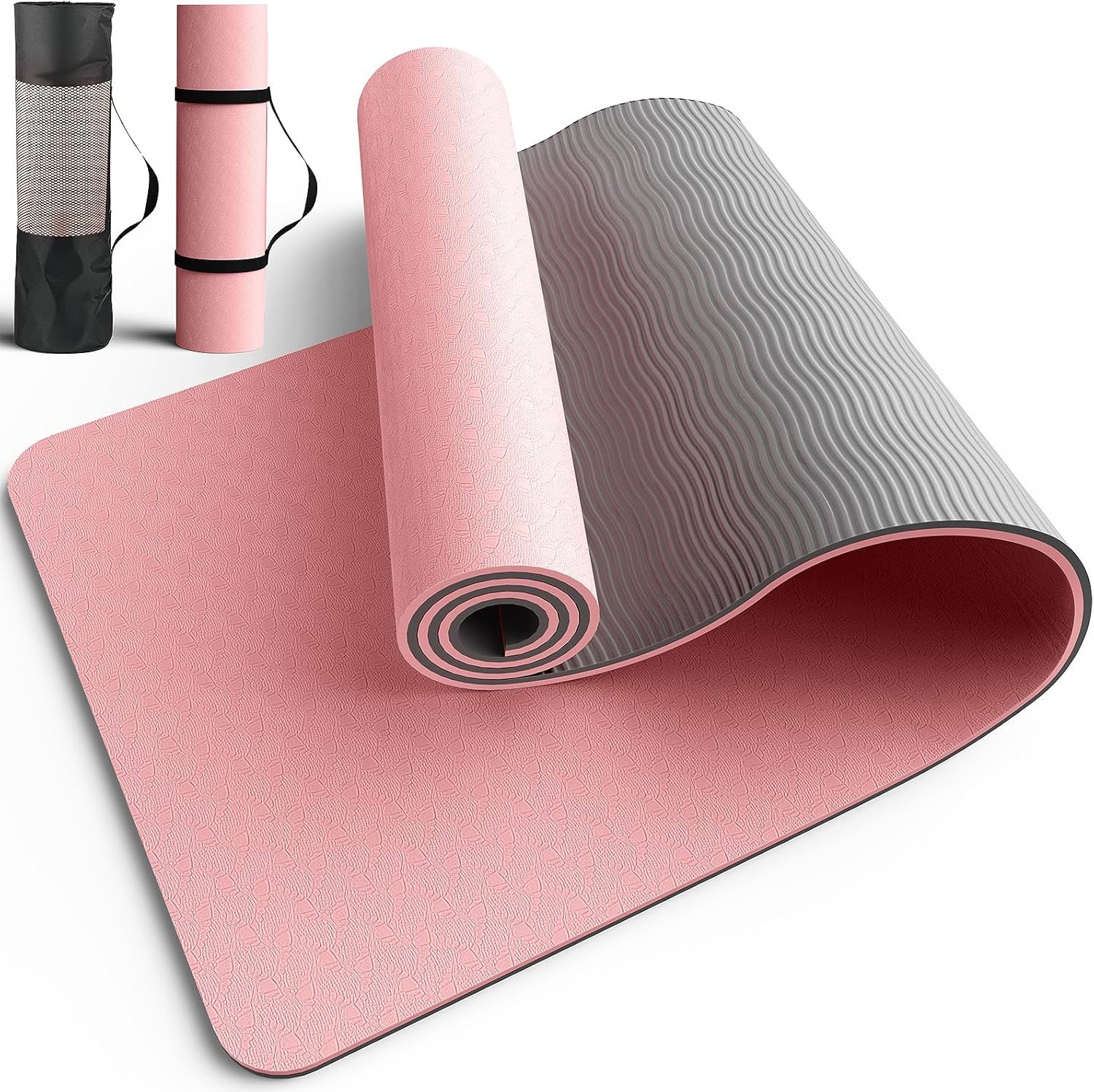 Pureegg Non Slip Yoga Mat, TPE, 72″ x 24″ x 0.24″, Pilates | Workouts, Exercise, Core Training, Dual-Sided Texture, Stays Flat, Portable, With Strap & Carry Bag