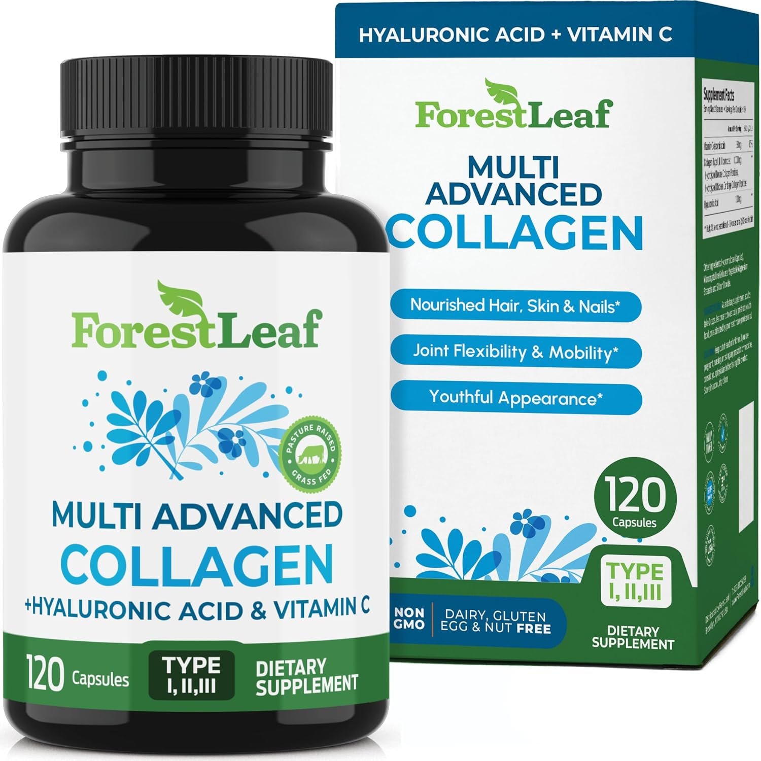 ForestLeaf Collagen Supplements for Women & Men Types I/II/III, 120 Caps | Hydrolyzed bovine multi collagen pills with hyaluronic acid and vitamin C for skin, hair, nails and joint support – USA Made