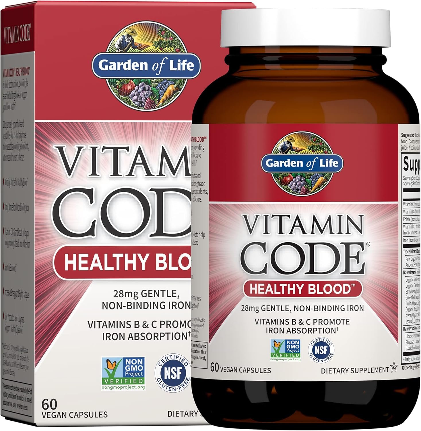 Garden of Life Vitamin Code Healthy Blood – Iron Supplement for Women, 60 Vegan Capsules, with Vitamins B, C, Trace Minerals, Fruit Veggies, Probiotics – for Energy and Anemia Support | Whole Food Iron Pills with Vitamins B6, B12, C, Probiotics, Digestive & Cellular Energy Support, Vegan, Gluten-Free, Non-GMO