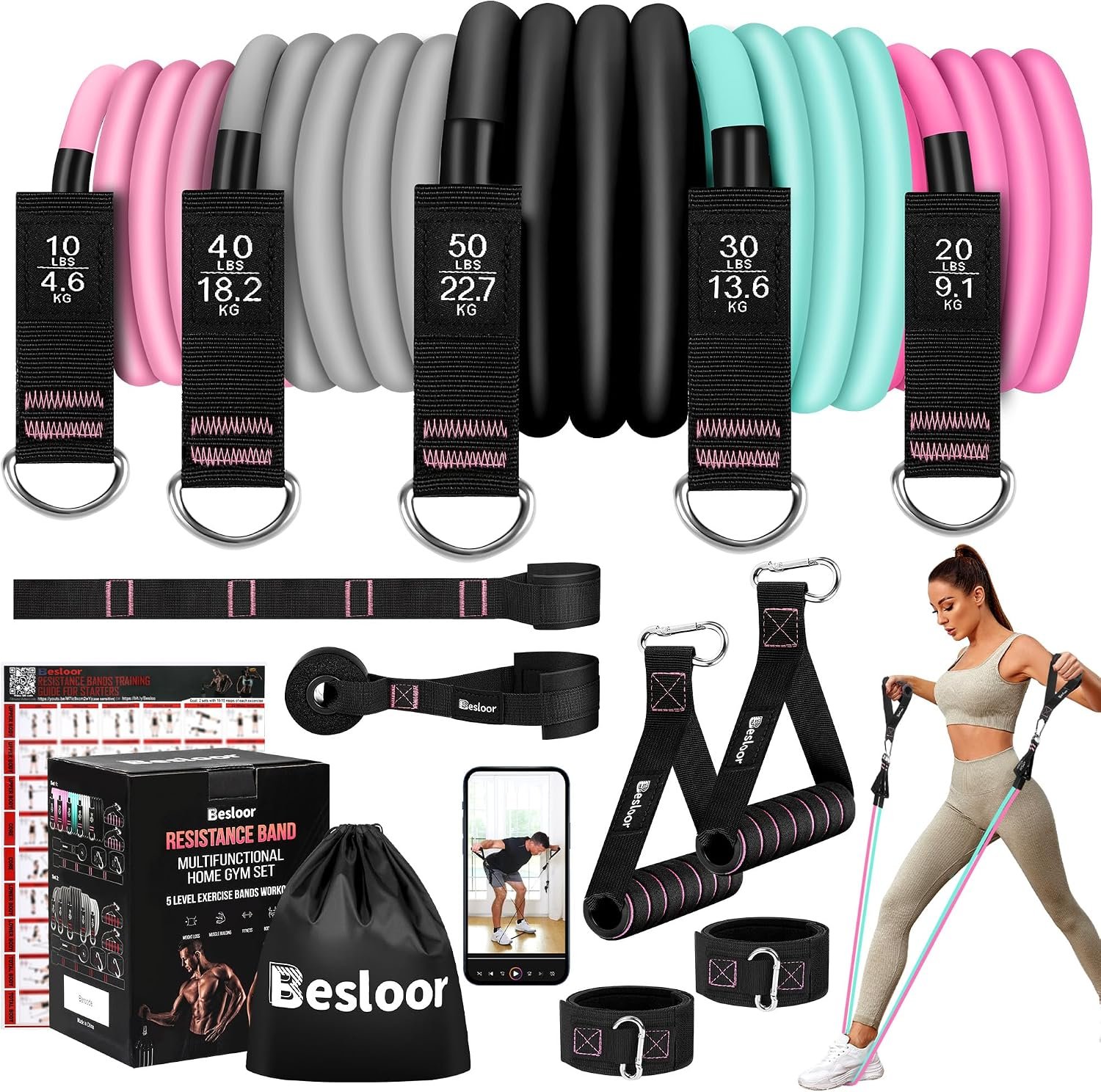 Resistance Band Set. Exercise Bands with Handles, Door Anchor and Ankle Strap. Home Gym, Supports Full-Body Workouts – with Training Guide and Fitness Video