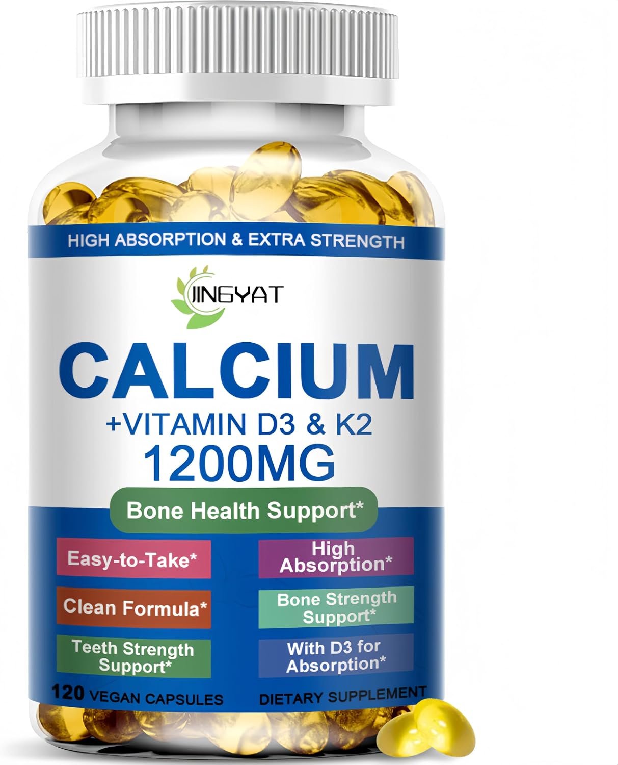 Calcium Supplements for Women – Calcium 1200 mg with Vitamin D3 & K2 – High Absorption Extra Strength Calcium Citrate for Bone Health, Strength, Density, Muscle, Heart Support – Slow Release, Non-GMO