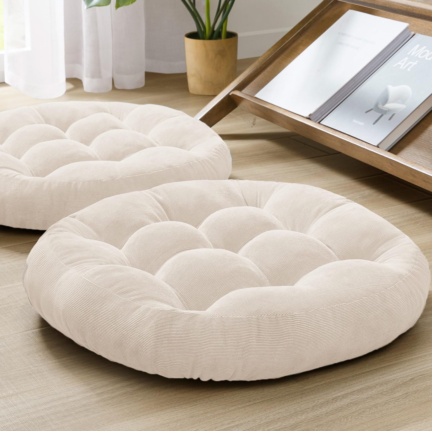Meditation Cushions Set of 2, Large Floor Pillow for Adults, 22inch Round | Floor Cushion For Reading & Zen, 3.5″ Thick Supportive Shredded Memory Foam, Breathable Corduroy, Soft Yoga Seat, Beige