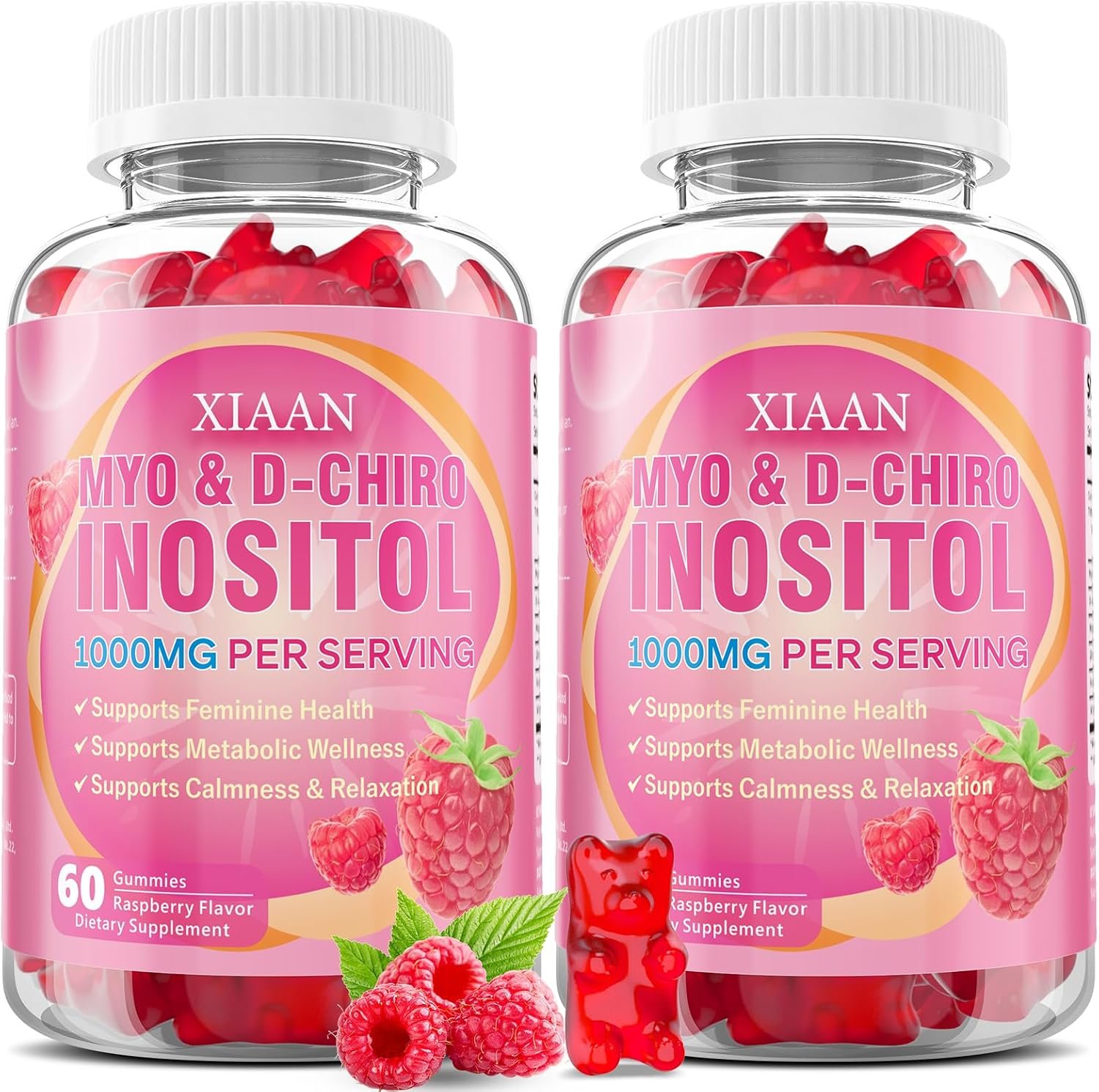 Myo Inositol Gummies 1000mg, Inositol Supplement for Women Myo-Inositol & D-Chiro Inositol for PCOS Support & Female Health, Vegan/Sugar-Free/Gluten-Free, Raspberry Flavor 120 Count