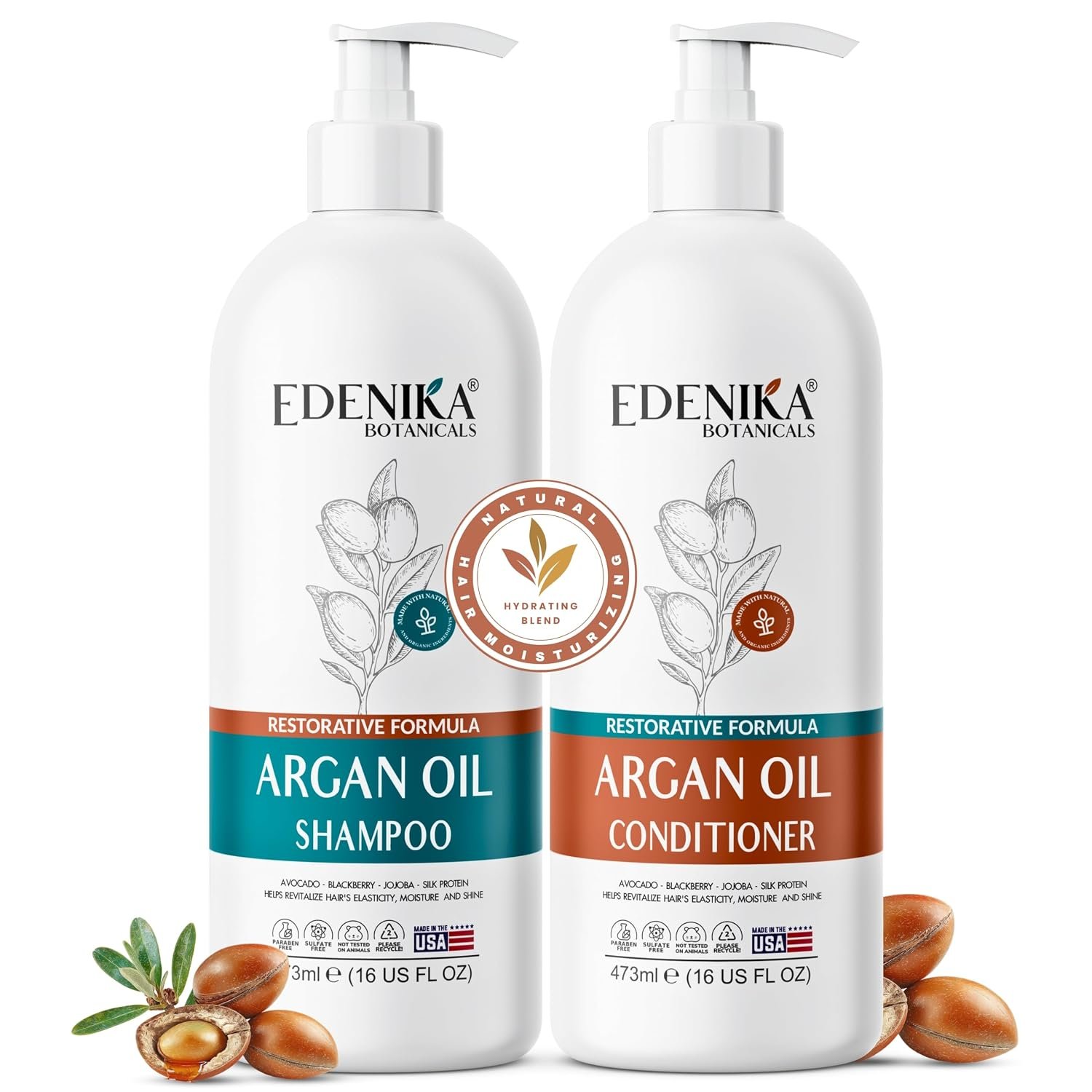 Edenika Botanicals Argan Oil Shampoo and Conditioner Set with Biotin, Repairs Dry & Damaged Hair, Deeply Hydrating & Nourishing, Women & Men, Sulfate-Free, Organic, 16 fl oz Each