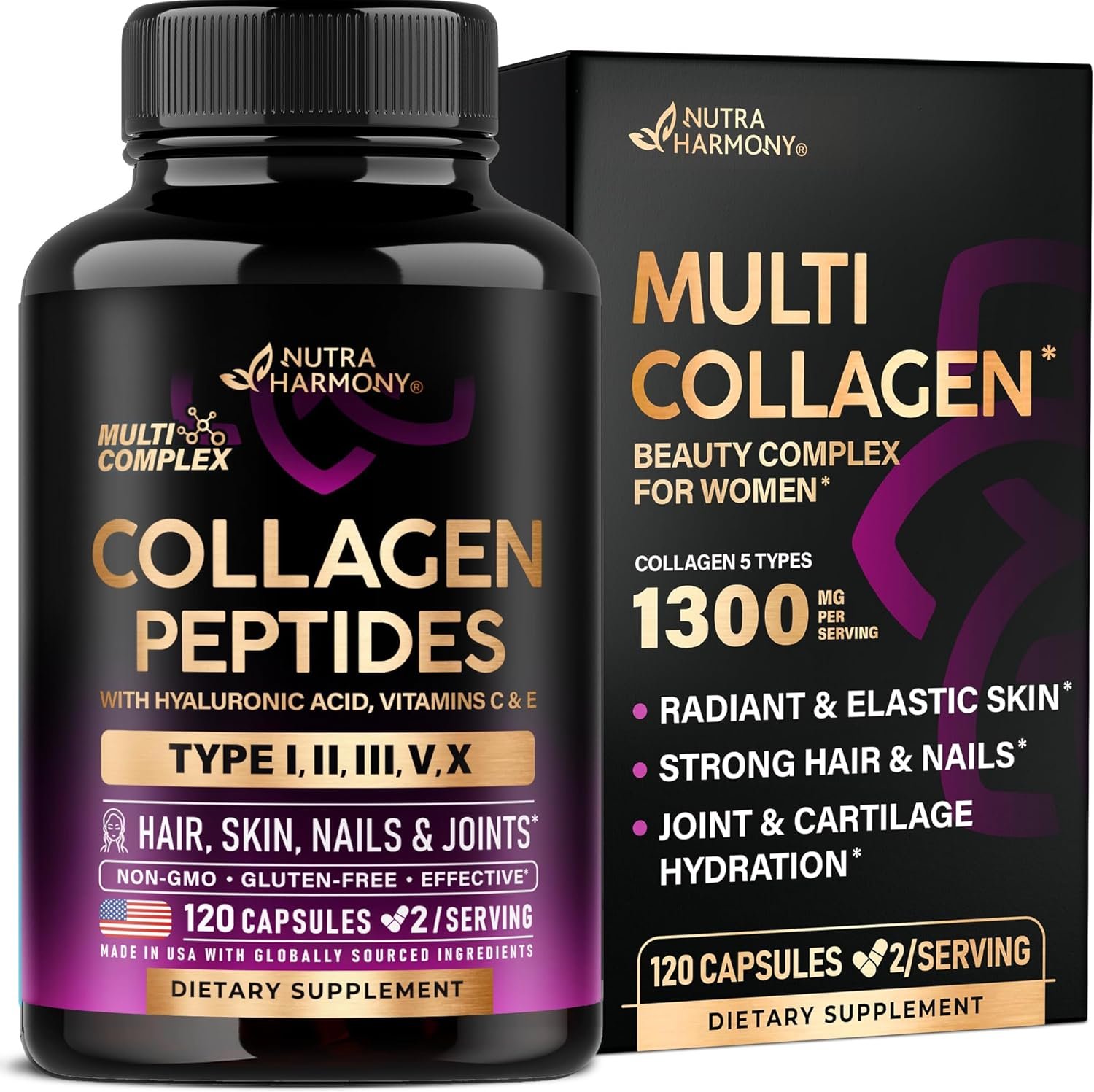 Multi Collagen Peptides 1300mg – Hydrolyzed Types I II III V & X – 120 Caps | Collagen Supplements for Women + Hyaluronic Acid, Vitamin C & E – Skin Hair Nails & Joint Support – Lab Tested, 60-Day Supply