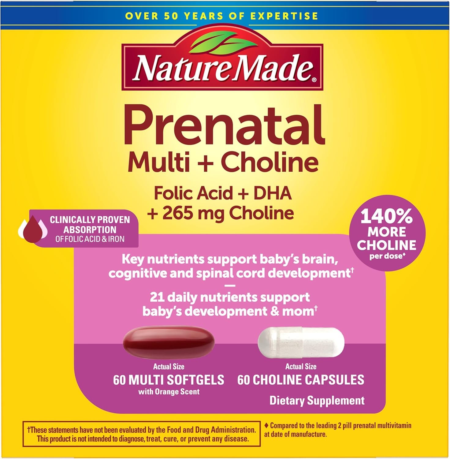 Nature Made Prenatal Vitamin Softgels + Choline Capsules, 60 Count of Each | Prenatal Vitamins for Women, 60 Multi Prenatal Softgels with Folic Acid & DHA + 60 Choline Supplement Capsules, 60 Day Supply