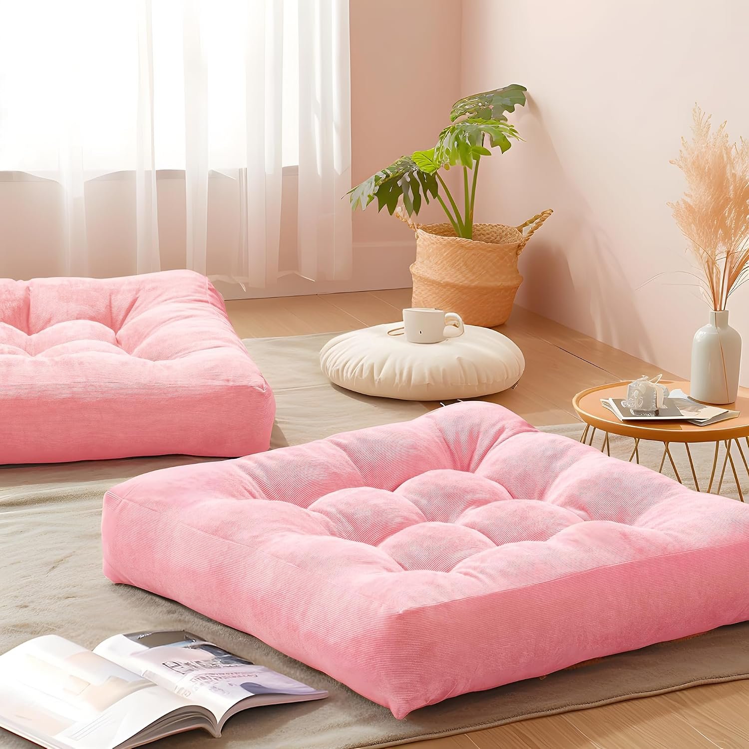 Floor Pillows Set of 2, Large Meditation Cushion for Adults, 22 Inch Square | Floor Cushion For Reading Nook, Office & Tatami, Breathable Corduroy Cover, Supportive Shredded Memory Foam, Pink Yoga Seat