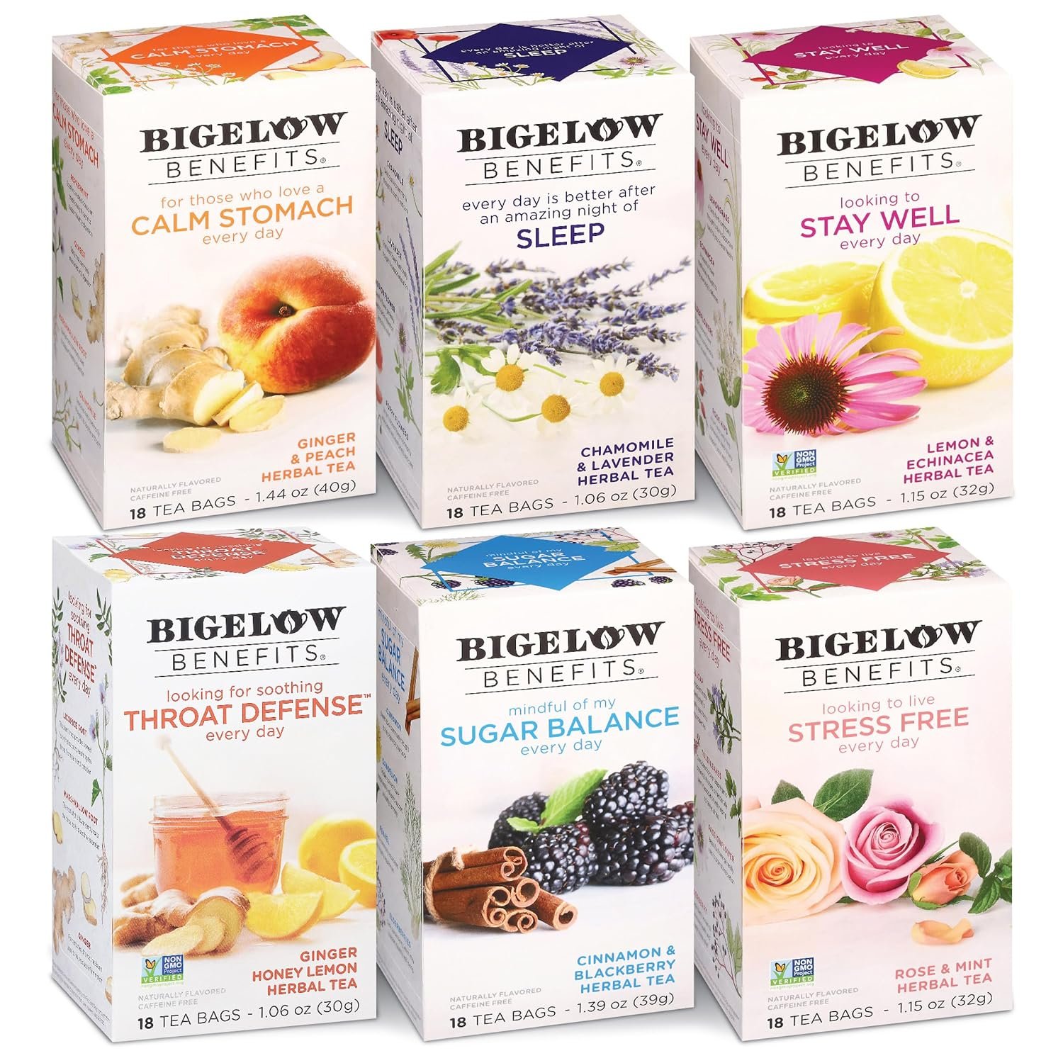 Bigelow Tea Benefits Wellness Teas Variety Pack, 18 Count (Pack of 6) | Mixed Caffeinated Green Matcha and Caffeine-Free Herbal Tea, 108 Total Tea Bags, Packaging May Vary