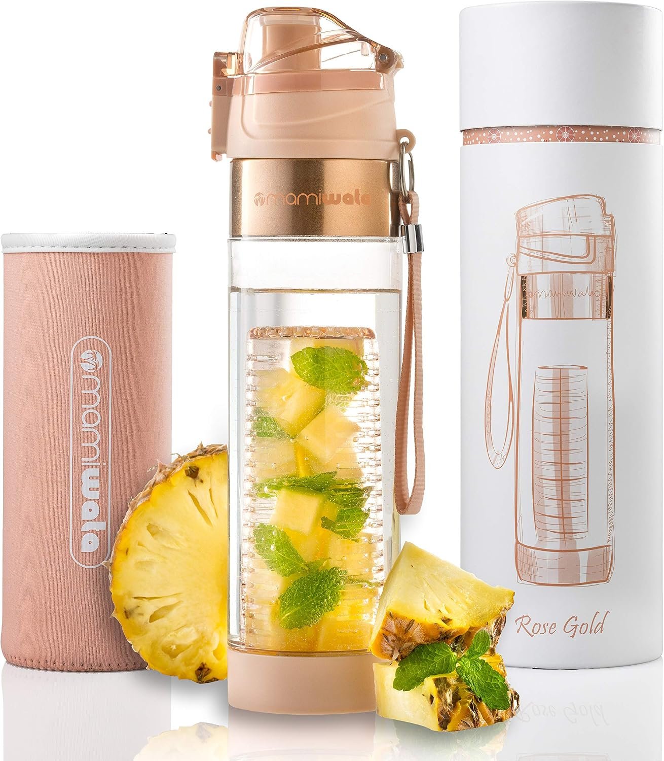 MAMI WATA Fruit Infuser Water Bottle – 24 oz – Tritan Plastic – Unique Stylish Design – Fruit Infused Water recipes eBook & Insulating sleeve – Beautiful Gift Box