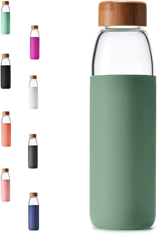 25 Oz Borosilicate Glass Water Bottles with Bamboo Lid, BPA-FREE, Non-Slip Silicone Sleeve, and Stainless Steel Leak Proof Lid – Reusable Glass Bottle for Men and Women
