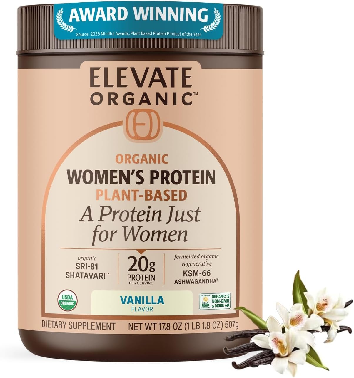 Women’s Plant Protein Powder, Vanilla, Pea Protein with KSM-66 Ashwagandha®, Organic SRI-81™ Shatavari & Acti Veda™ (20g Protein)