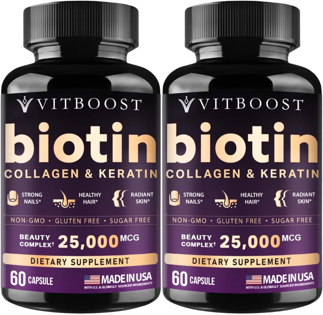 VITBOOST Biotin with Collagen, 25000 mcg Hair Growth Vitamins 60 Ct, 2 Pk | Nails and Skin – Keratin, Hyaluronic Acid, B1, B2, B3, B6, B7 Complex for Women & Men – USA Made – Third Party Tested