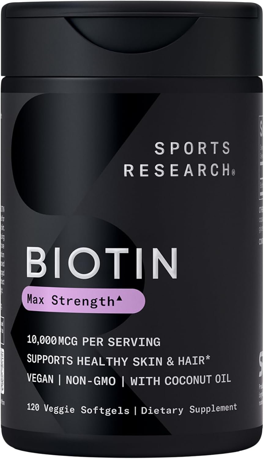Sports Research® Biotin 10,000mcg w/Coconut Oil, 120 Count Plantgels™ | Max Strength Vegan Biotin (Vitamin B7) for Healthy Skin and Hair Support | Non-GMO, Gluten & Soy-Free, 120 Servings