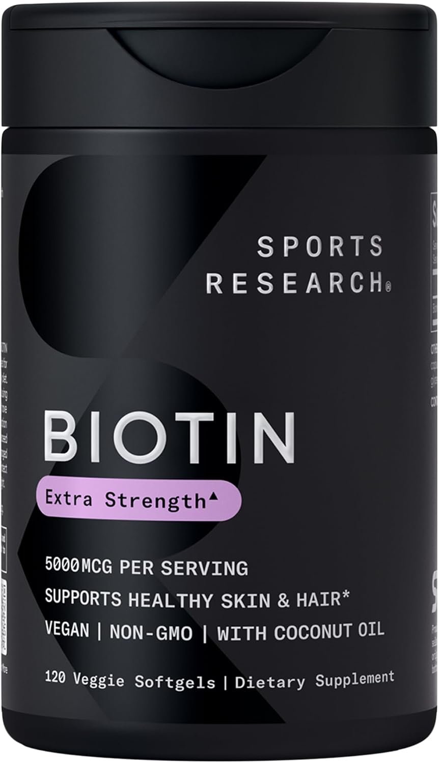 Sports Research® Biotin 5,000mcg w/Coconut Oil, 120 Count Plantgels™ | Extra Strength Vegan Biotin (Vitamin B7) for Healthy Skin and Hair Support | Non-GMO, Gluten & Soy-Free, 120 Servings