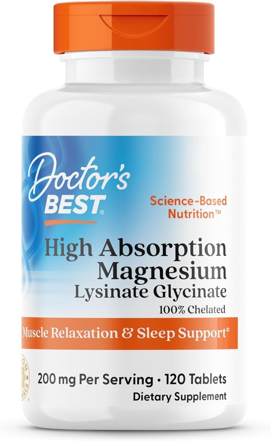 Doctor’s Best High Absorption Magnesium Glycinate Lysinate Supplement for Sleep Support – Chelated Magnesium Tablets for Women & Men, 200mg per Serving, Supports Calm & Relaxation, Vegan – 120 Count
