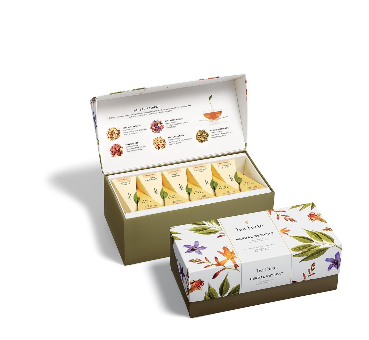 Tea Forte Tea Sampler, 20 Pyramid Infuser Bags, Premium Tea Gift Set | Herbal Retreat Tea Presentation Box, 4 of Each Blend, Individually Wrapped, Giftable Presentation Box for Tea Lovers