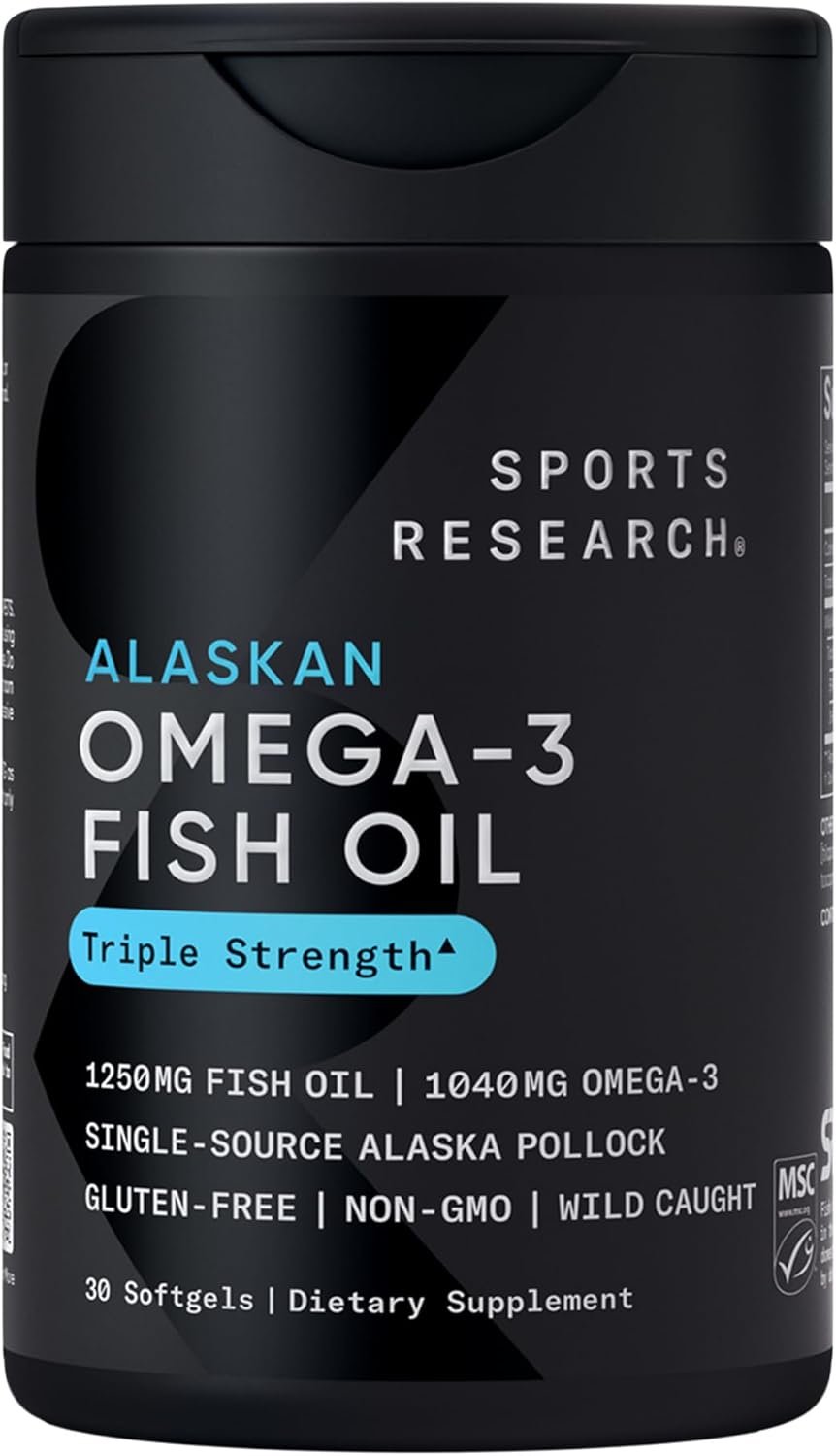 Sports Research® Omega-3 Fish Oil 1250mg from Wild Alaska Pollock, 30 Count | Always Fresh Never Fishy | 690mg EPA 260mg DHA per Softgel · Heart & Brain Health* · MSC Certified Sustainable – 30 Servings