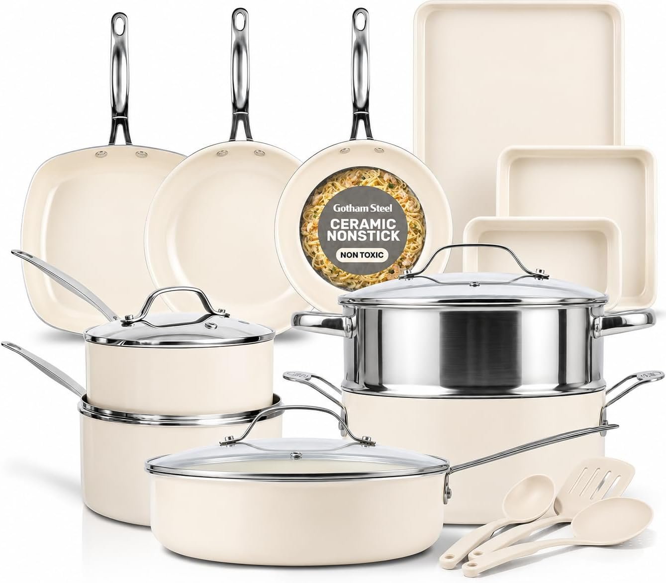 GOTHAM STEEL 20 Pc Ceramic Cookware Set Nonstick, Ceramic Pots and Pans Set Non Stick for Kitchen with Bakeware, Cooking Utensils & Steamer, Non Toxic PFOA PFOS Free, Oven & Dishwasher Safe