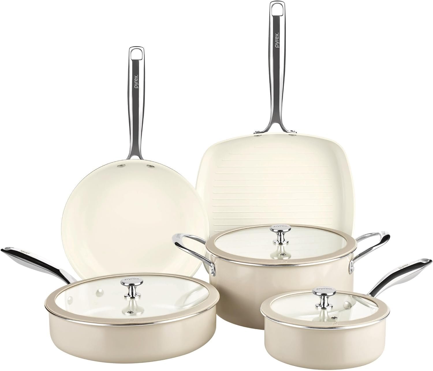 Pyrex 8-Piece Ceramic Cookware Set, Pots and Pans with Lids & Handles | Healthy nonstick ceramic coating, induction compatible stainless steel, PFAS Lead Cadmium BPA Free