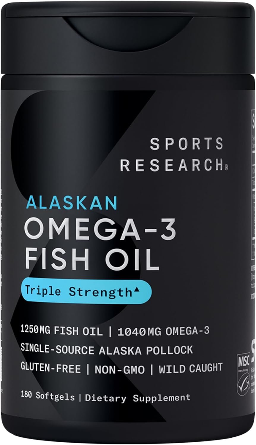 Sports Research® Omega-3 Fish Oil 1250mg from Wild Alaska Pollock,180 Count | Always Fresh Never Fishy | 690mg EPA 260mg DHA per Softgel · Heart & Brain Health* · MSC Certified Sustainable – 180 Servings
