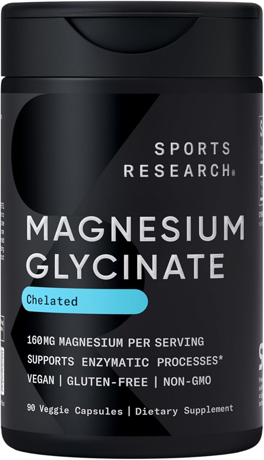 Sports Research® Magnesium Glycinate 160mg, 90 Veggie Capules | 1441mg Cheletated Magnesium per Serving | Gentle on the Stomach | Non-GMO, Soy Free, Essential Mineral
