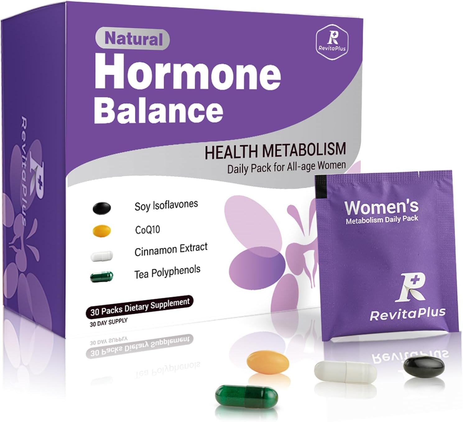 Natural Hormone Balance for Women, Menopause Supplements for Women with Evening Primrose Oil, CoQ10, Soy Isoflavones, Daily Pack Supports Peri+Menopause+Post, PMS, Metabolism, Mood, Energy 30 Packs