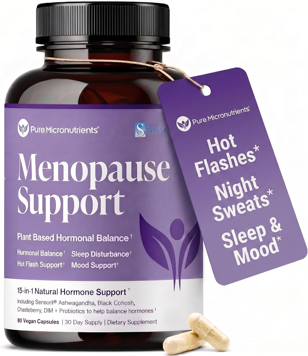 Menopause Supplements for Women, Hot Flashes & Night Sweats, 60 Count | Sensoril Ashwagandha, DIM, chaste berry & black cohosh support natural hormone balance, sleep & mood