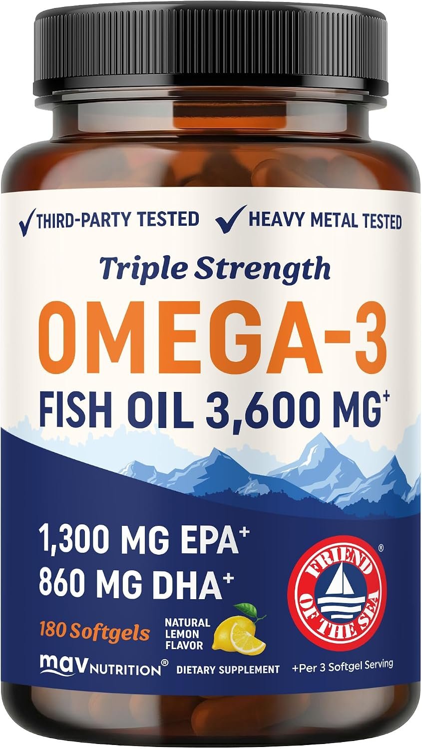 Triple Strength Omega 3 Fish Oil 3600 mg, EPA & DHA, Omega-3 with Lemon Oil | 1300mg EPA + 860mg DHA, Doctor-Formulated, Best Essential Fatty Acids, Premium Wild Caught & Burpless Fish Oil, 180 Softgels