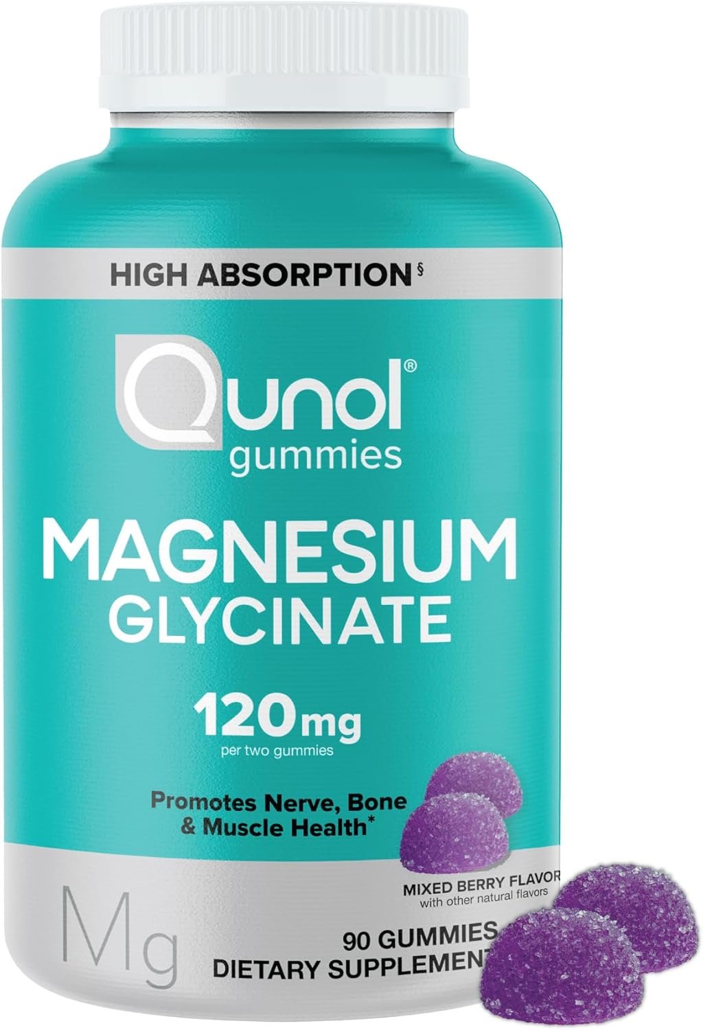 Qunol Magnesium Glycinate Gummies 120mg, Vegetarian, Gluten-Free, 90ct | Support Nerve, Bone & Muscle Health, Cognitive Performance, Healthy Stress Response, Restful Sleep; Vegetarian, Non-GMO