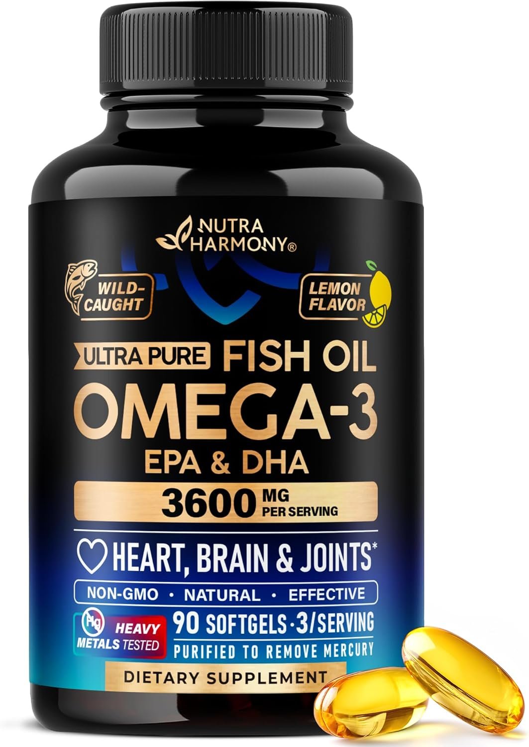Omega 3 Fish Oil 3600 mg – Omega 3 Supplement for Men & Women – 90 Softgels | Omega 3 EPA & DHA – Heart, Brain & Joint Support – Purified Fish Oil | Heavy Metals Tested – Lemon Flavored
