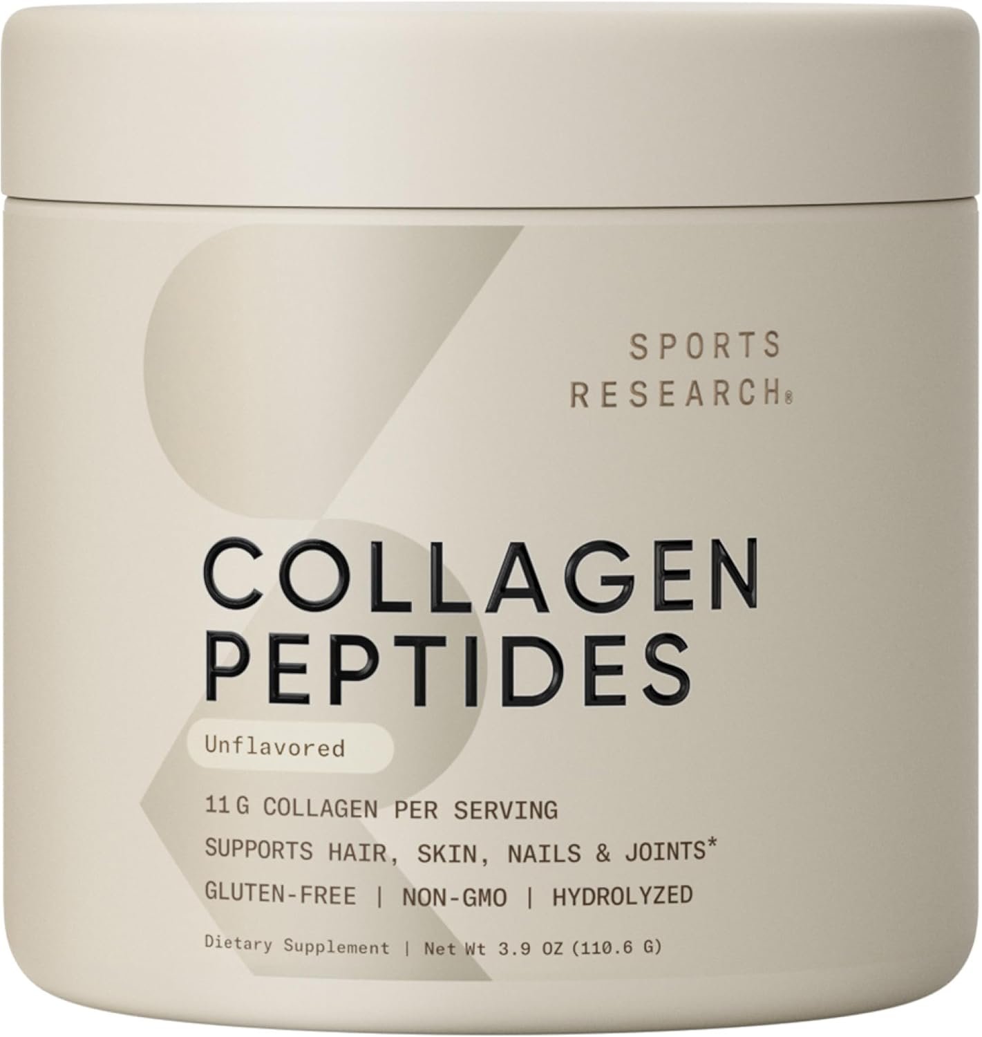 Sports Research® Collagen Peptides Protein Powder, 3.9oz (Unflavored) | 11g Grass-Fed Collagen per Scoop · Hair, Skin & Joint Support · Easy to Mix in Coffee & Shakes – 10 Servings
