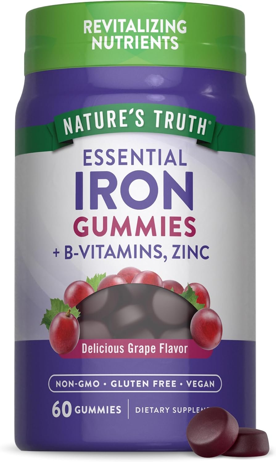 Nature’s Truth Iron Gummies | 60 Count | Vegan, Non-GMO & Gluten Free Supplement | with Zinc & B Vitamins | Grape Flavor