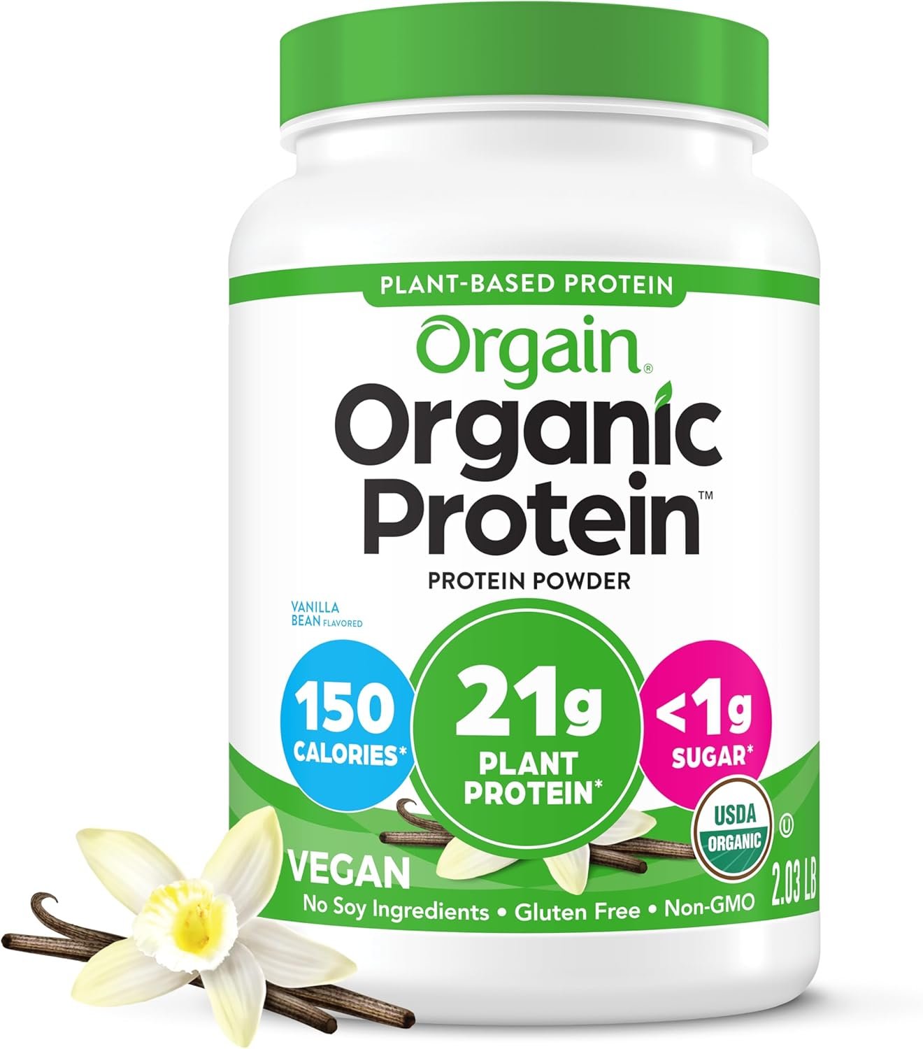 Orgain Organic Vegan 21g Protein Powder, Vanilla Bean, 2.03 lb | Plant based protein, 4g prebiotic fiber, no added sugar or lactose, non-GMO, for shakes & smoothies