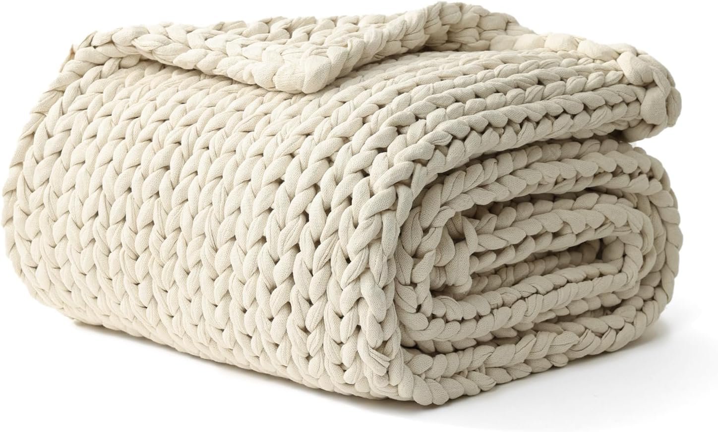 YnM Cotton Weighted Blanket, Handmade Chunky Knitted Design, Soft and Cozy, Temperature Regulating and Breathable, Machine Washable Throw for Sleep or Home Decor (Cream White, 43×50 Inch, 10lbs)