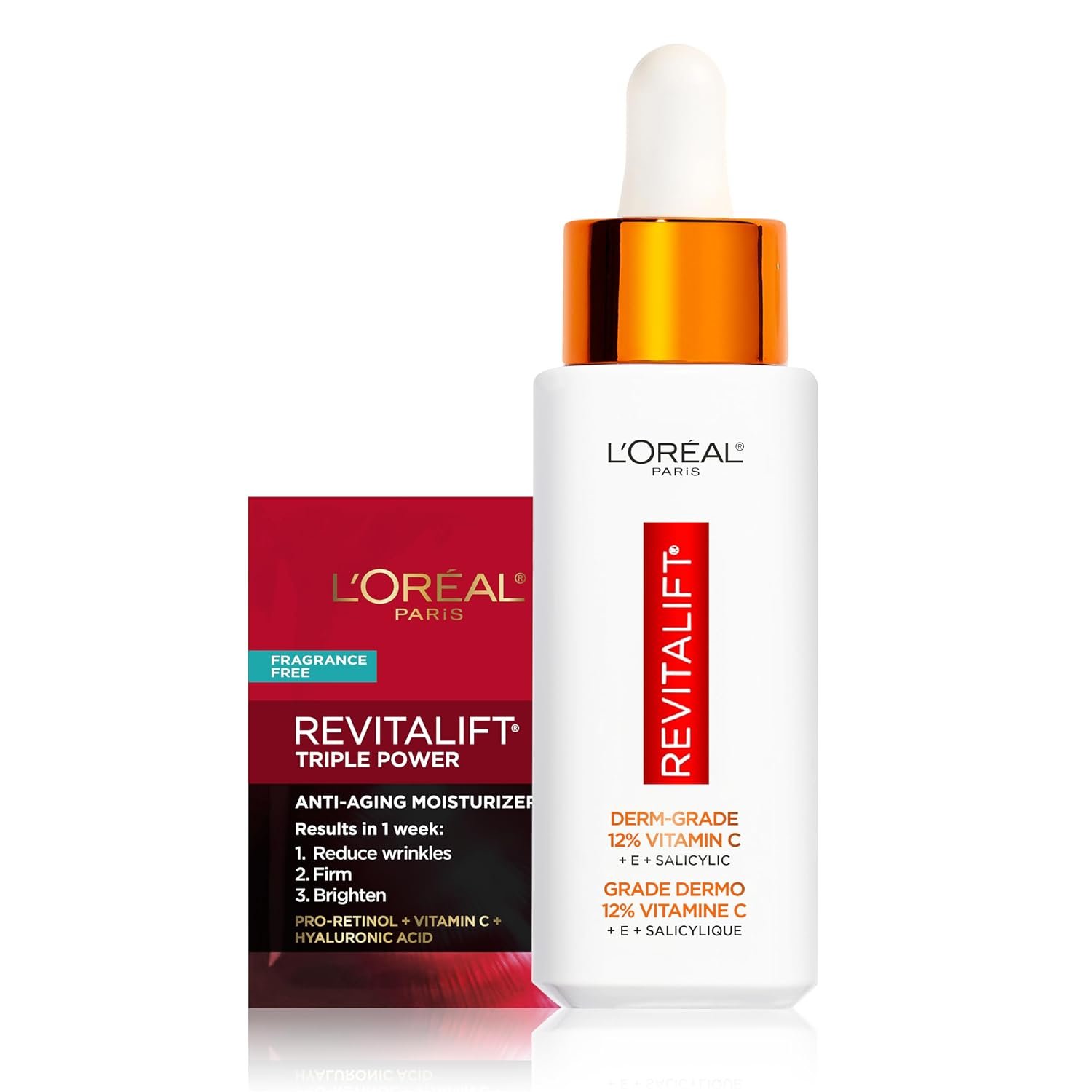L’Oreal Paris Revitalift 12% Pure Vitamin C Serum, Brightening Serum For Face with Vitamin E, Salicylic Acid, 1 oz + Moisturizer Sample