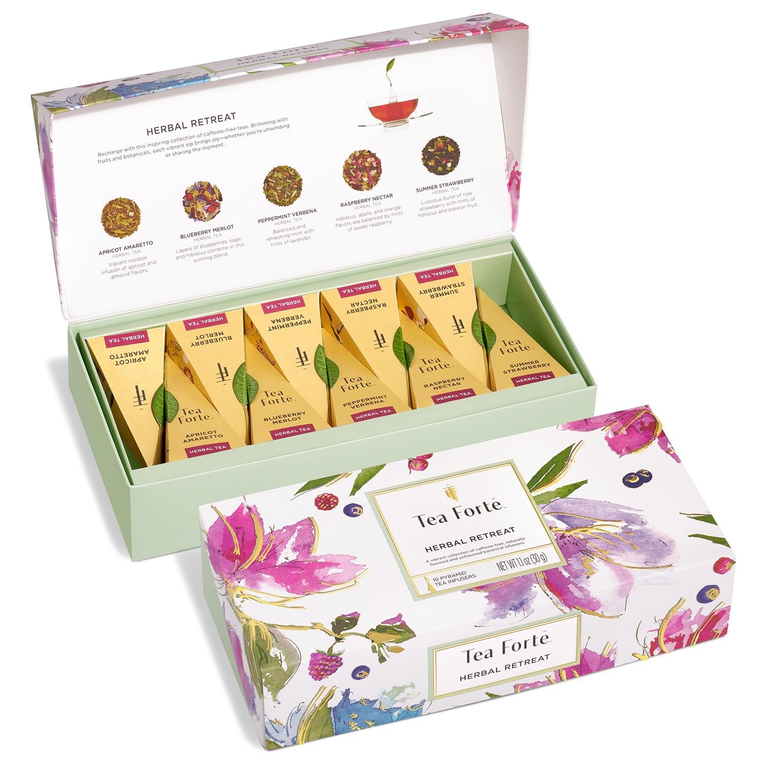 Tea Forte Tea Sampler, 10 Pyramid Infuser Bags, Premium Tea Gift Set | Herbal Retreat Tea Petite Presentation Box, 2 of Each Blend, Individually Wrapped, Giftable Presentation Box for Tea Lovers