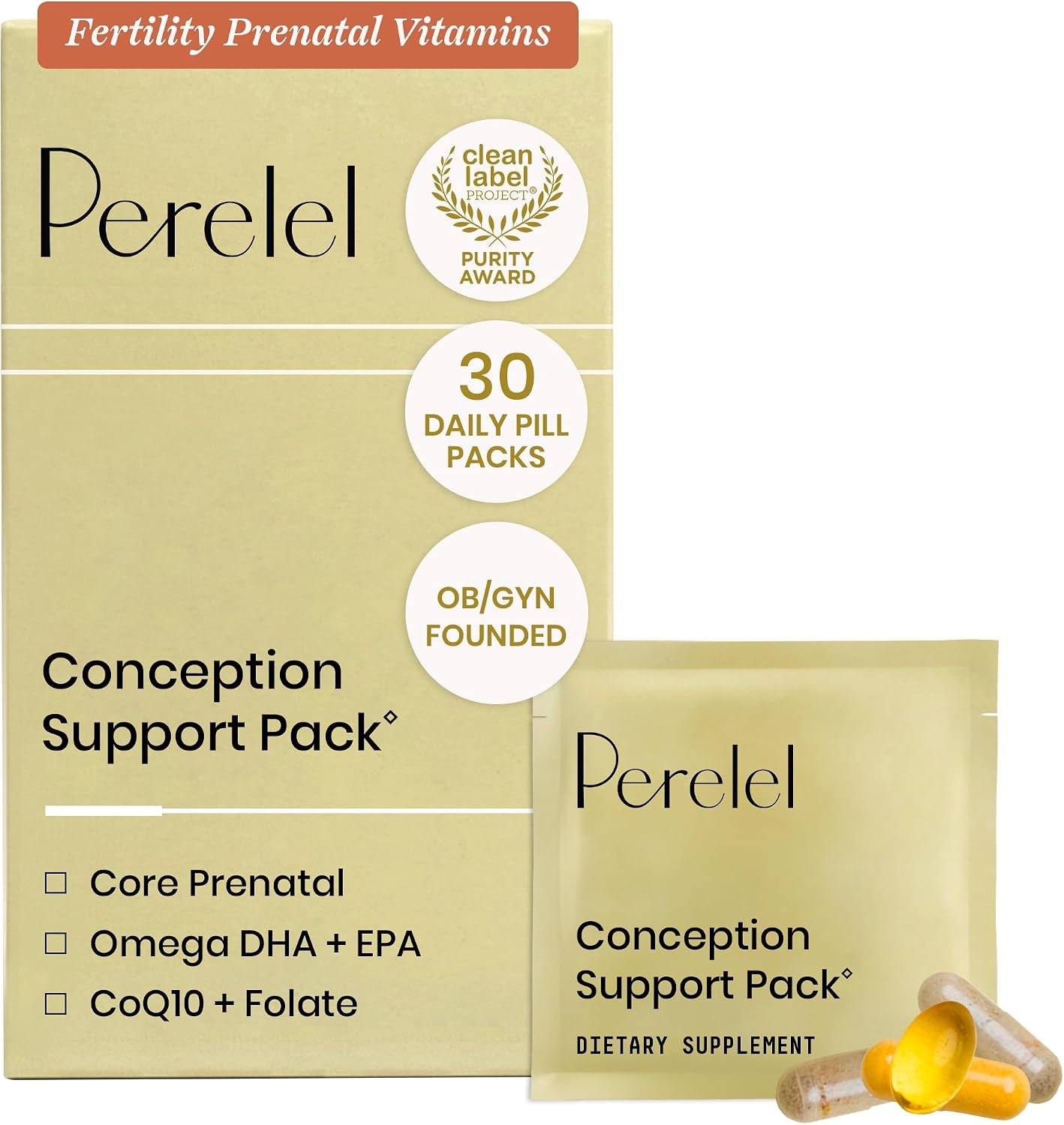 Perelel Conception Fertility Prenatal Vitamins, Folate, CoQ10 & DHA Omega 3 | Women’s Fertility Support Multivitamin, Choline, Vitamin B6, & Vitamin D, Soy & Gluten Free, Non-GMO, 30 Daily Pill Packs