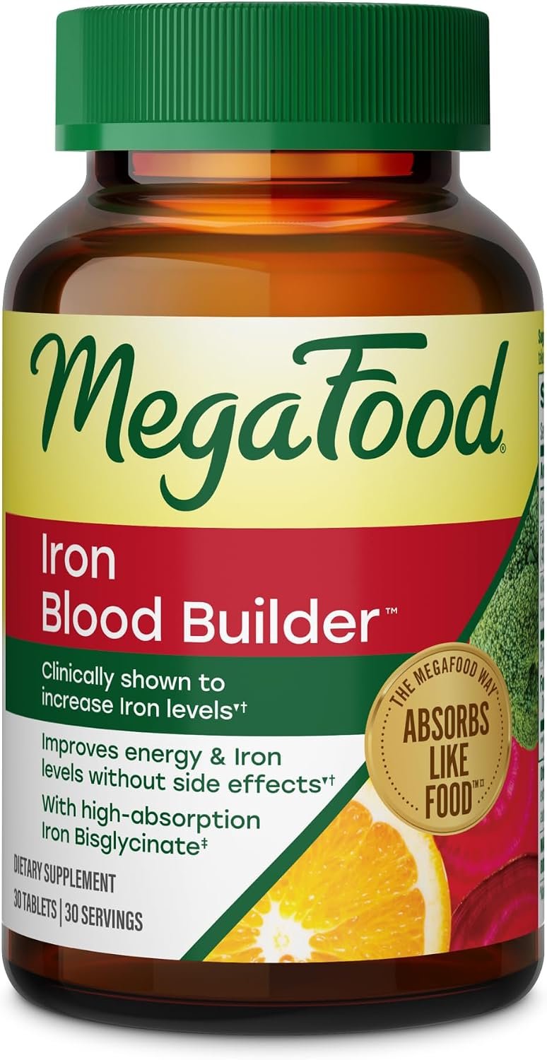 MegaFood Blood Builder Iron Supplement, Energy Support, Vegan, 30 Tablets | Increase Iron Levels Without Side Effects, Improves Energy Levels, B12, Folic Acid and Vitamin C for Absorption, 30 Servings