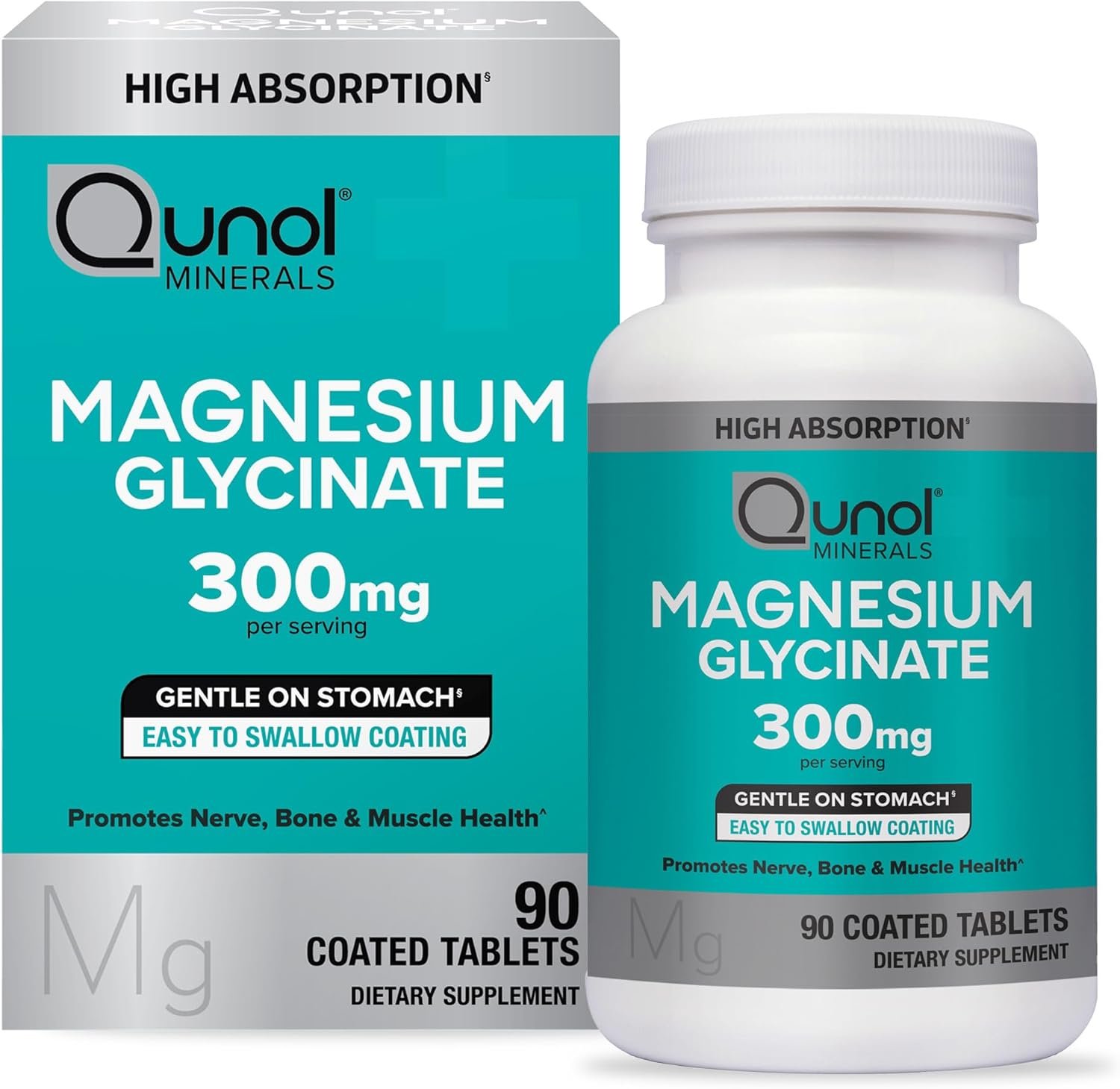 Qunol Magnesium Glycinate Tablets 300mg, 100% Chelated, Gluten-Free, 90ct | Support Nerve, Bone & Muscle Health, Cognitive Performance, Healthy Stress Response, Restful Sleep; Vegetarian, Non-GMO