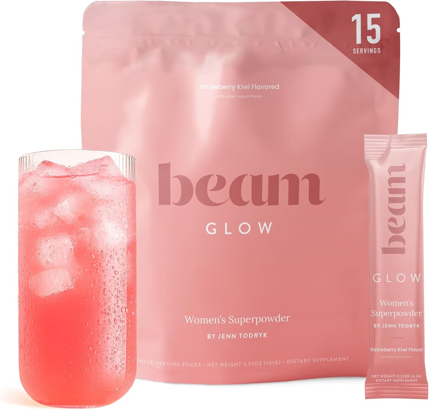 BEAM Glow Hormone Support & Cortisol Supplement for Women – Daily Vitamins for Women with Ashwagandha, Selenium, Zinc, Vitamin A, for Cycle Health, Mood & Energy, Strawberry Kiwi, 15 Servings
