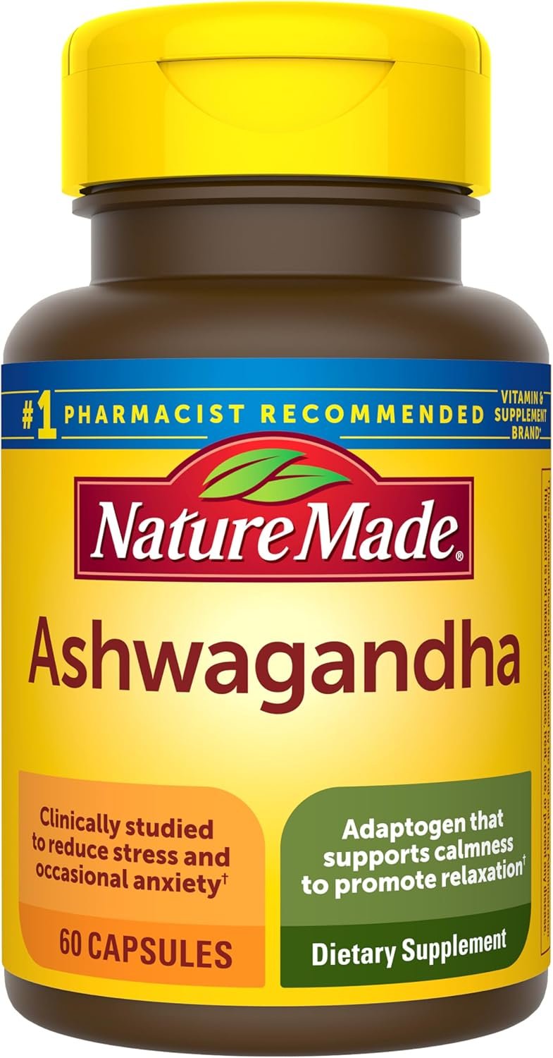 Nature Made Ashwagandha Capsules 125mg for Stress Support, 60 Capsules | Ashwagandha Supplements with Clinically Studied Sensoril Ashwagandha, Herbal Supplement for Men and Women, 60 Day Supply