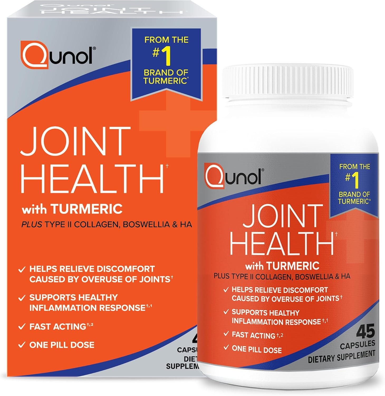 Qunol 5-in-1 Joint Health Support Capsules w/Turmeric, One-Pill Dose, 45ct | Support Healthy Inflammation Response & Discomfort Caused by Overuse of Joints, Alternative to Glucosamine Chondroitin MSM