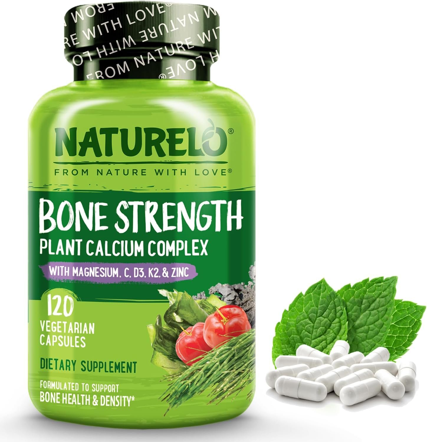 NATURELO Calcium Supplement with Vitamin C, D3, K2, 120 Vegetarian Capsules | Magnesium & Zinc for Bone Strength,Plant-Based Calcium 600mg , Non-GMO, Soy & Gluten-Free
