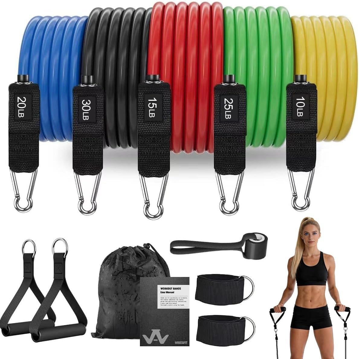 WHATAFIT Resistance Bands, 5 Level Exercise Bands with Handles for Workout | 10-30 lbs, stackable to 100. Natural latex, ankle straps, door anchor, guide. For strength, yoga,workout