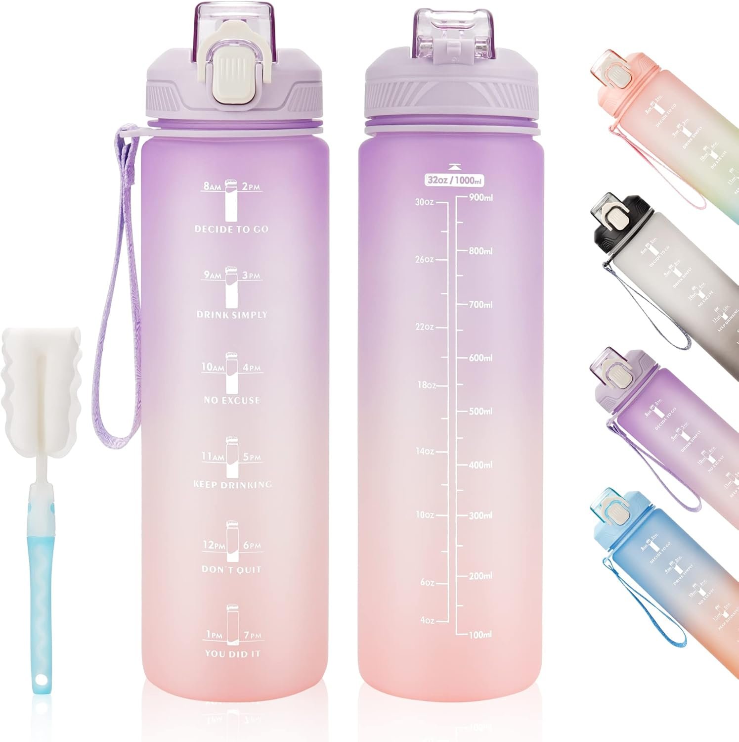 YC Kitchen 32oz Motivational Water Bottle with Straw & Carrying Strap | Leak-proof BPA Free Sports Water Bottles with Time Marker, with Times to Drink,Fitness, Gym, and Outdoor Sports