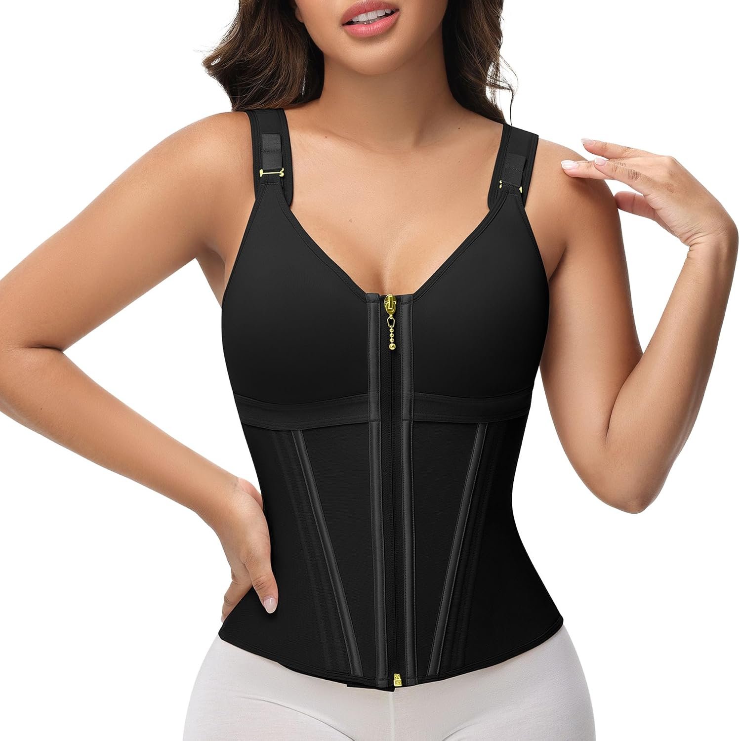 SHAPSHE Waist Trainer Corset for Women Tummy Control Body Shaper with Bra | 17 Steel Bones Back Support,Zipper and Hooks Double-Layer Closure,Adjustable Fabric Compression for Workout Postpartum